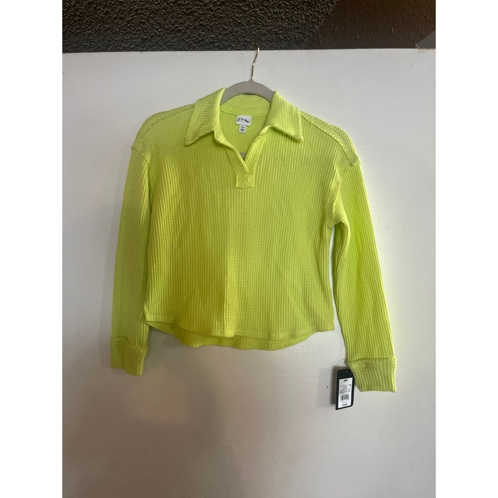 Art Class Girls Neon Lime Green Waffle Knit Polo Shirt Long Sleeve Size M 8 NWT